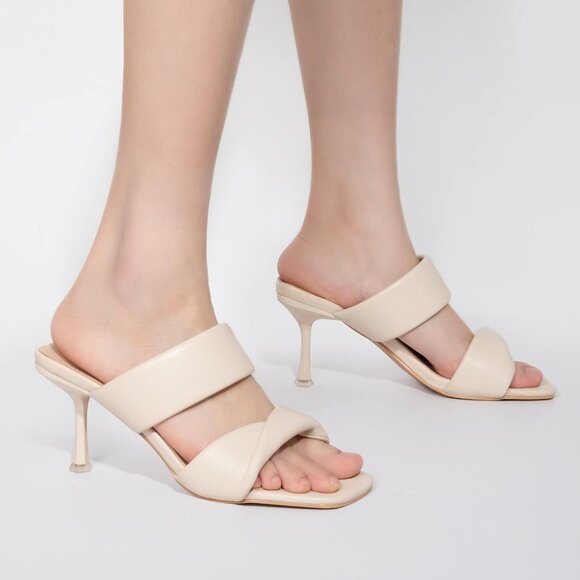 Zelaprox Women's White Faux Leather Two Straps Square Open Toe Kitten Heel Shoes - Picture 3 of 6